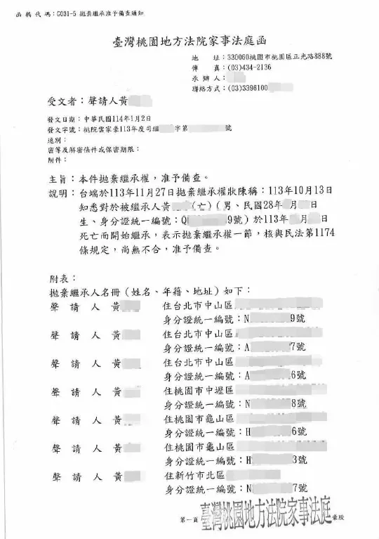拋棄繼承成功案例 — 桃園地方法院備查函